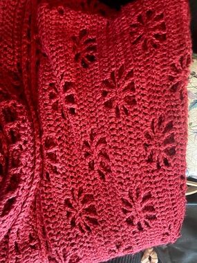 Handmade Crochet Knit Throw Blanket in Deep Red with Floral Eyelet Designs